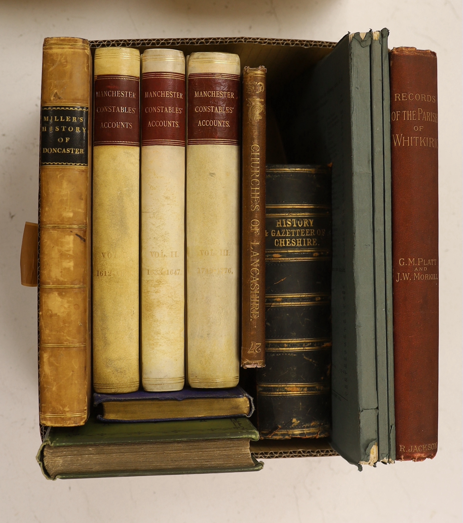 Miller, Edward - The History and Antiquities of Doncaster and its Vicinity....11 plates, folded map, text engravings, subscribers list; old gilt ruled diced calf. Doncaster, (1804); Leader, Robert Eadon (editor) Reminisc